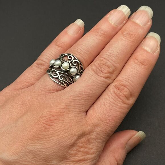 Didae Israel Sterling Silver Nested Pearl Modernist Ring Wide Band‎ Ring - Picture 7 of 8